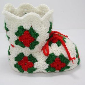 Vintage Handmade Christmas Stocking Crochet Granny Square White Red Green Small